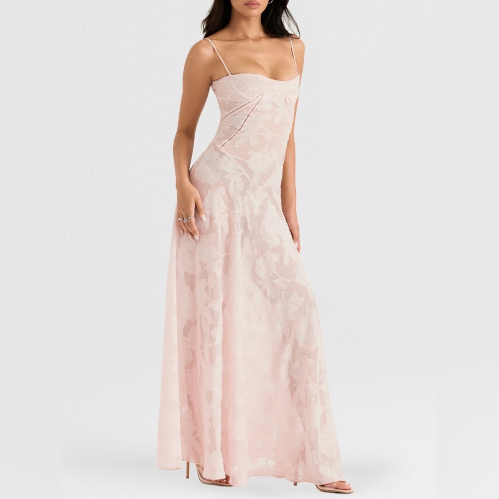 VIRAL TIKTOK Soft Pink Floral Lace Maxi Dress